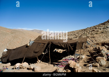 Ein überdachter Siedlung einer Familie von nomadischen Araber auf einen Berg oberhalb Todra Schlucht im Atlas Gebirge, Marokko Stockfoto