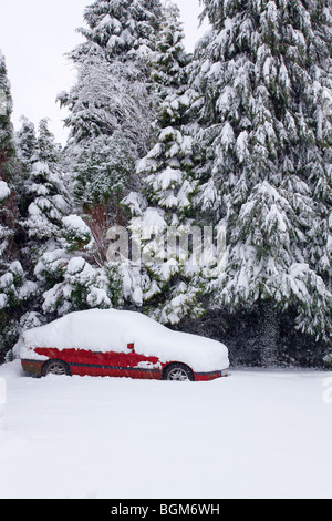 Ein verlassenes rote Auto nach einem letzten Schneesturm im Schnee bedeckt. Stockfoto