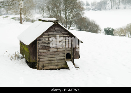 Hühnerstall im Schnee in der Nähe von Stroud in Cotswolds Stockfoto