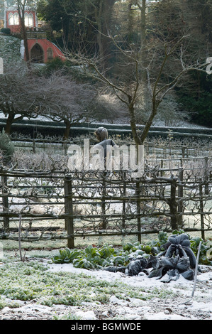 Vogelscheuche bei Frost und Schnee im Painswick Rokoko Garden in The Cotswolds Stockfoto