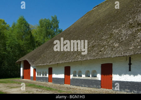 Traditionelle Scheune mit Reetdach in das Freilichtmuseum Bokrijk, Belgien Stockfoto