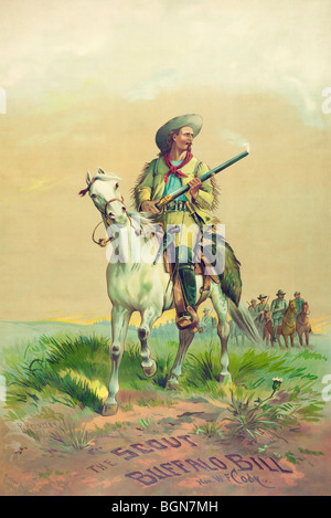 Lithographie drucken c1880s mit Buffalo Bill, alias William Frederick Cody (1846-1917), auf dem Pferd mit einem Raucher-Gewehr. Stockfoto