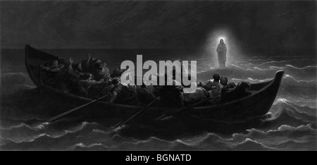 Drucken mit dem Titel "A Night auf dem See Genezareth" Darstellung eines der Wunder Christi - Wandern auf dem Wasser zu seinen Jüngern. Stockfoto