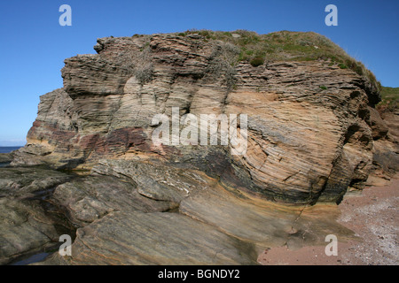 Gesteinsschichten im Buntsandsteins auf Hilbre Insel, Wirral, Merseyside, England Stockfoto