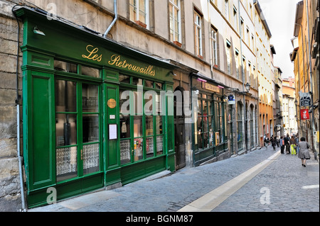 Tipycal und das berühmte Restaurant rue du Boeuf, Lyon, Frankreich. Stockfoto