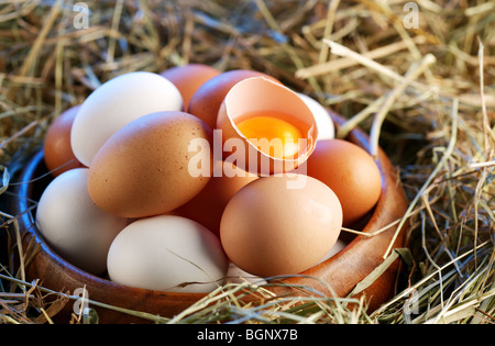 Hühnereier im Stroh mit halben eine gebrochene Ei im Morgenlicht. Stockfoto