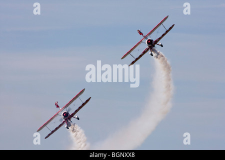 Team Guinot Bildung Wingwalking auf RAF Leuchars Airshow 2009, Fife, Schottland Stockfoto