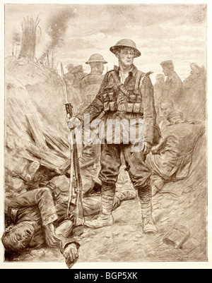 Ein britischer Soldat steht mit festen Bajonett in einem Graben neben einem Toten deutschen Soldaten während des ersten Weltkrieges. Stockfoto