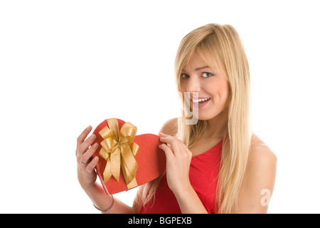 Frau mit Herz Geschenk Stockfoto