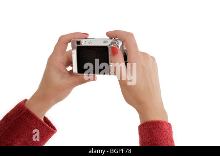 Kaukasische Frau hält einen Punkt und schießen Digitalkameras, ein Foto machen Stockfoto