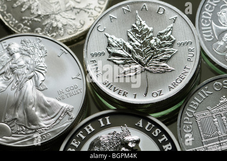 Reines Silber Anlagemünzen aus USA, Kanada, Österreich und Australien Stockfoto