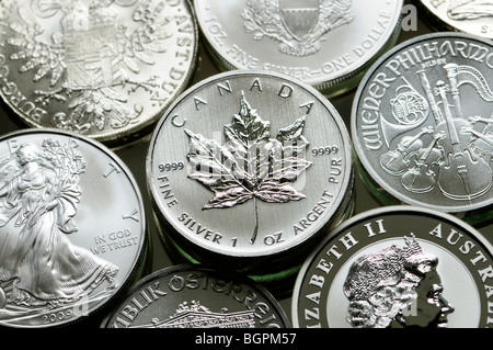 Reines Silber Anlagemünzen aus USA, Kanada, Österreich und Australien Stockfoto