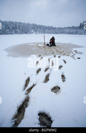 Älterer Mann Check-Fischernetze im Winter, Finnland Stockfoto