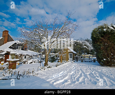 Eine malerische Schneelandschaft mit tiefem Schnee und Schnee beladenen Baum mit einem tiefblauen Himmel mit flauschigen weißen Wolken Stockfoto