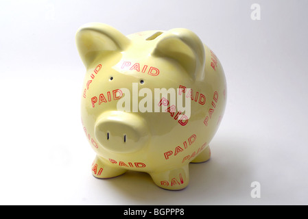 SPARSCHWEIN IN "BEZAHLTEN" BRIEFMARKEN RE FINANZIELLE SICHERHEIT, DARLEHEN, PERSÖNLICHE DARLEHEN, SCHULDEN UND SCHULDEN DER WIRTSCHAFT EINKOMMEN UK EINSPARUNGEN ABGEDECKT Stockfoto