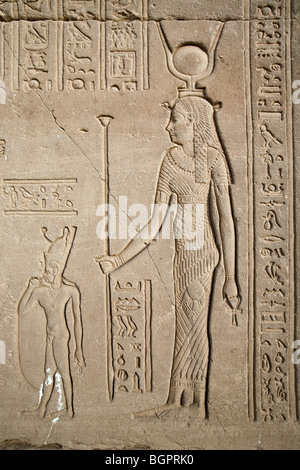 Relief arbeitest du für die ptolemäischen Tempel der Hathor in Dendera, nördlich von Luxor, Nil Senke, Ägypten Stockfoto