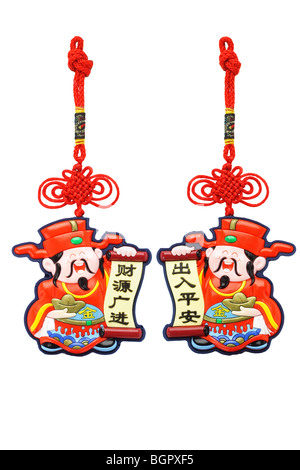 Paar chinesische Neujahr Gott des Wohlstands Ornamente auf weiß Stockfoto