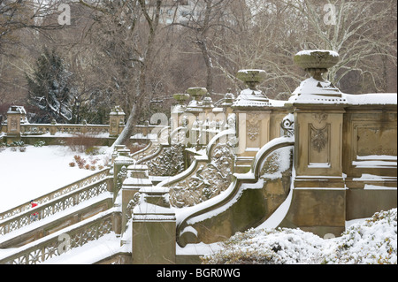 Geschnitzte Steintreppe bedeckt mit Schnee im Central Park; New York City, New York Staat, Vereinigte Staaten von Amerika Stockfoto