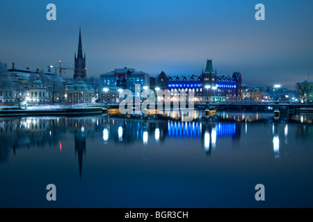 Blick auf Vasabron, Riddarholmskyrkan und Norstedt Gebäude aus dem Parlament Insel Helgeandsholmen, Stockholm, Schweden Stockfoto