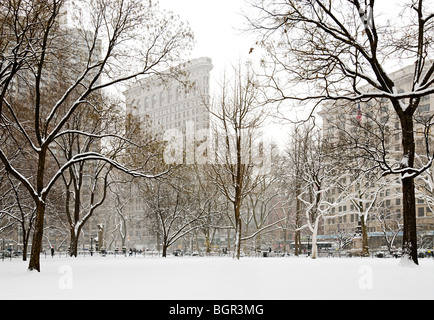 Flatiron Building Madison Square Park Winter Schneesturm Stockfoto