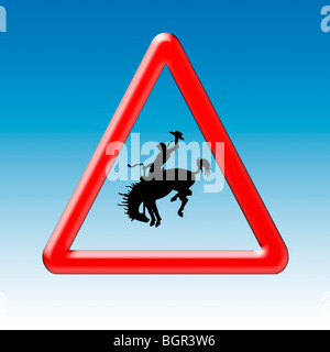 Warnung Straßenschild mit Silhouette der Cowboy auf einem Pferd Stockfoto
