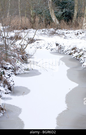 Schmelzender Schnee auf dem Eis bedeckt Oberfläche eine Entwässerung Deich. Calthorpe breit, Norfolk. SSSI, NNR, ESA. Winter, Januar. Stockfoto