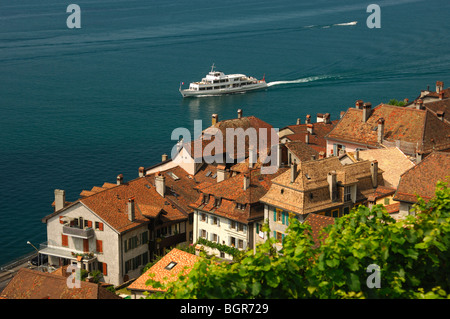 mittelalterliche Stadt von Saint-Saphorin am See Leman, UNESCO-Welterbe Lavaux, Waadt, Schweiz Stockfoto