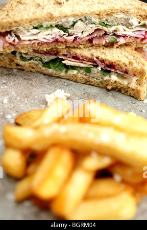 Frisch geschnittene Kalte Truthahn Sandwich in Vollkorn Brot mit einer Seite der Chips und keine Leute Stockfoto