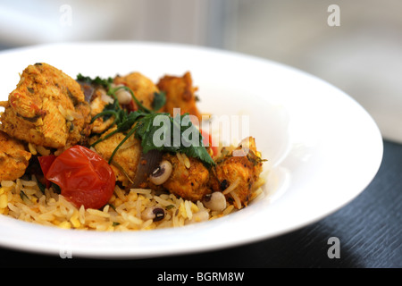 Frische Nord-Indische Kebabs Achari Chicken Curry mit Reis Pilaw und Gurke Raita mit keine Personen vor einem schwarzen Hintergrund Stockfoto