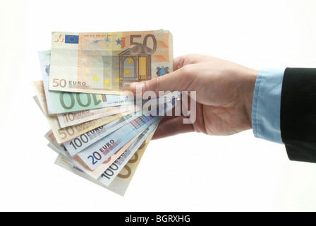 Hand, die ein Fan von Euro-Banknoten Stockfoto