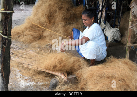 Frau macht Seil aus Kokos, Kerala Indien Stockfoto