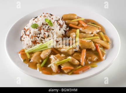 Chinesisches Gericht aus Fleisch, Gemüse und Soße mit Reis Stockfoto