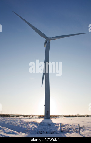 Windkraftanlage im Schnee dominiert eine flache Fenland Landschaft und Silhouette gegen den Sonnenaufgang in einer blauen Winterhimmel Stockfoto