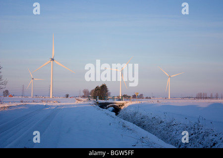 Sonnendurchflutetes Windpark in einer flachen verschneiten Fenland Landschaft gegen eine kalte blaue schattigen Vordergrund Stockfoto