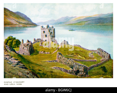 Castle Urquhart, Edwardian Malerei der malerischen Ruine am Ufer des Loch Ness im Herzen von Schottland Stockfoto