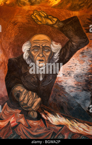 Detail der "Flaming Hidalgo" Wandgemälde von José Clemente Orozco im Palacio de Gobierno, Guadalajara, Mexiko. Stockfoto