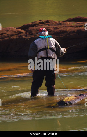 FLIEGEN SIE FISCHER ANGELN IM FLUSS CHATTAHOOCHEE RIVER GEORGIEN KNOCHEN TROCKEN WATVÖGEL KEINE MODELLFREIGABE Stockfoto