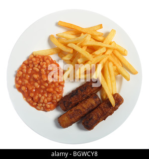 Ein typisch englisches Fastfood-Essen von Fischstäbchen, Bohnen und Pommes Frites (Pommes frites) Stockfoto