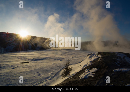 Dampf steigt aus Thermalquellen auf der Main-Terrasse bietet einen dramatischen Winter Sonnenaufgang über Mt. Everts-Mammoth Hot Springs Stockfoto