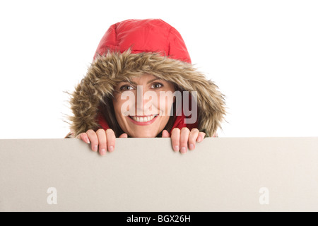 Porträt von Winter-Frau mit Board-Banner isoliert auf weißem Hintergrund Stockfoto