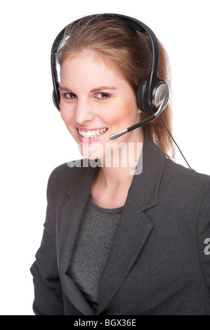 Voll isolierte Studio Bild von einem jungen und schönen Callcenter-Agenten Stockfoto