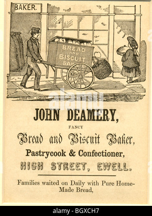 Holzschnitt-Werbung für John Deamery Fancy Brot & Keks Baker High Street Ewell Surrey Stockfoto