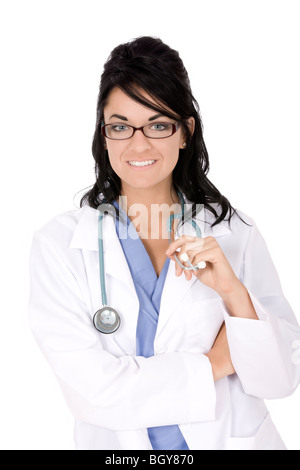 Kaukasische Frau Doktor mit Stethoskop auf weißem Hintergrund Stockfoto