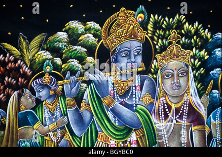 Traditionelle indische samt Gemälde der Darstellung einer Szene aus der Mahabharata mit Krishna und Gopi. Indien Stockfoto