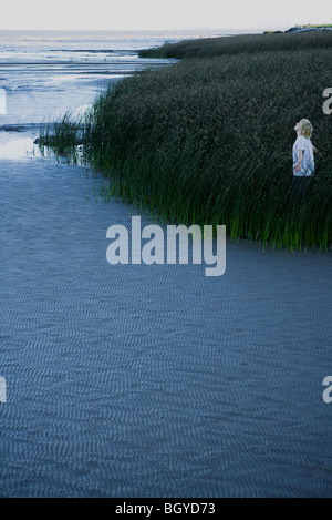 Junger Mann stehend in hohe Gräser Küste Stockfoto