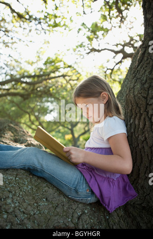 Mädchen-Lesebuch in Baum Stockfoto