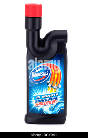 Schwarze Kunststoff-Container von Domestos Waschbecken und Rohr unblocker Stockfoto