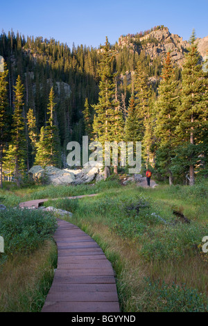 Ein Wanderer auf der Dream Lake Trail, Rocky Mountain National Park, Colorado. (Modell freigegeben) Stockfoto