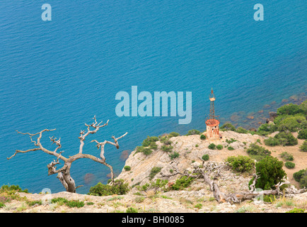 verwelkte Wacholder und alten rostigen Leuchtfeuer am Berghang ("Novyj Svit", Krim, Ukraine). Stockfoto