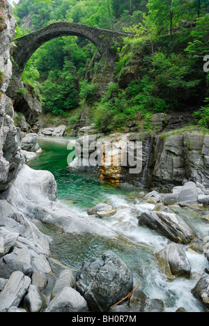 Fluss Melezza mit Steinbogenbrücke Ponte Romano, Intragna, Centovalli, Lago Maggiore, Lago Maggiore, Tessin, Schweiz Stockfoto